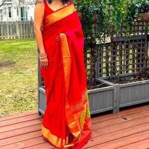 Vibrant Red and Gold Saree